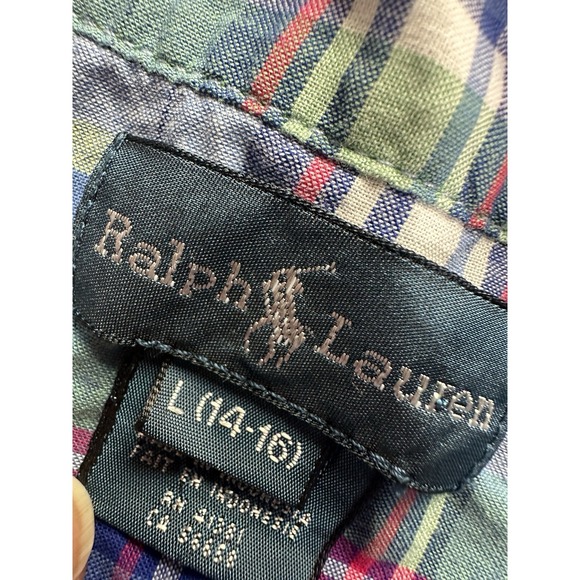 Ralph Lauren Boys Button Up Plaid Short Sleeve Shirt Blue Large 14-16 Vintage - Picture 2 of 6
